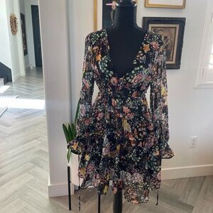 Free People Black Ruffled Mini Dress with Long Bell Sleeves